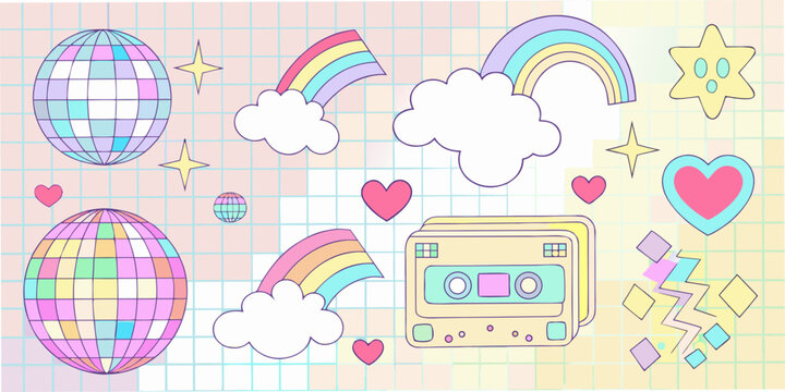 Retro pop elements illustration with disco balls rainbows and cassette tape