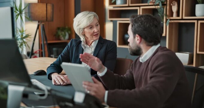 Lawyer, meeting and business people on tablet for legal strategy, case study and research in office. Law firm, team and woman with attorney on tech for online report, planning or consulting for trial