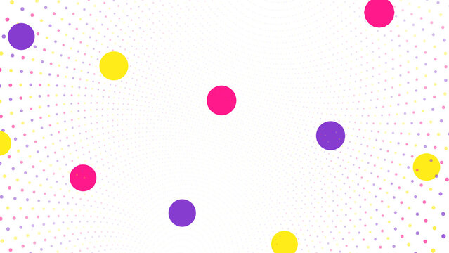 Dynamic and colorful digital artwork showing large spherical shapes scattered across a dense dotted grid