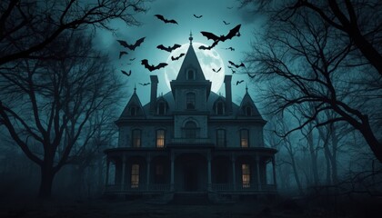 Fototapeta premium Eerie abandoned victorian mansion standing beneath a glowing full moon with flying bats at night with surrounded bare trees swirling bats misty night landscape