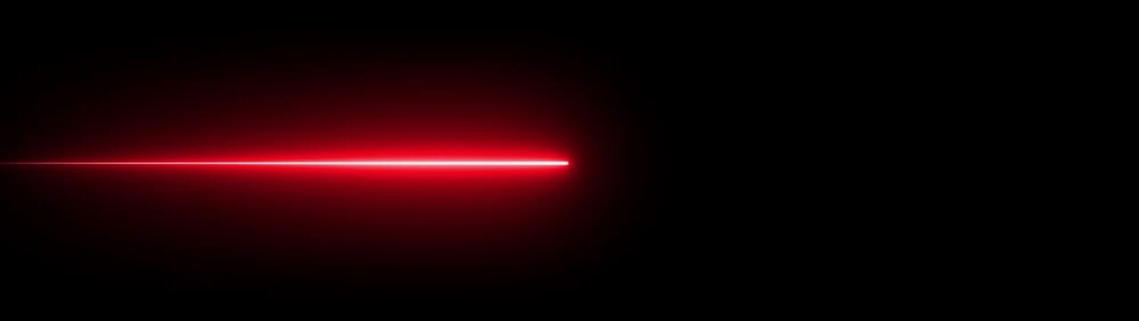 Intense red neon light beam glowing horizontally on a dark black background creating a sharp laser effect with a soft radiant light trail