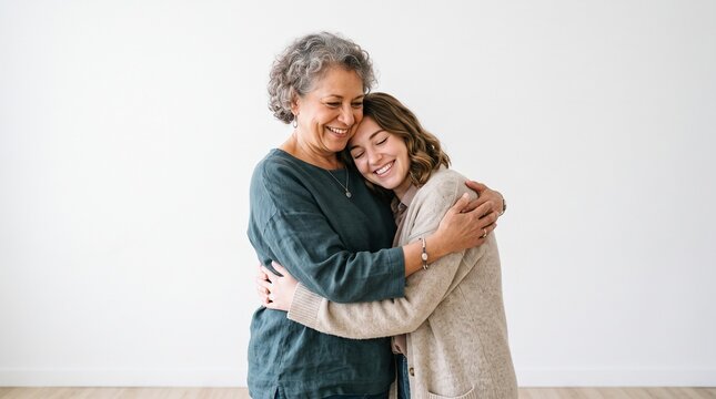 Intergenerational Embrace: A tender moment shared between an elder woman and her younger counterpart as they embrace, conveying warmth, love, and a deep connection between generations.