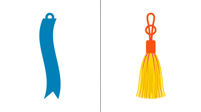 Flat vector illustration of blue ribbon and decorative yellow tassel