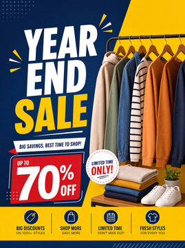 Clothing store banner for year end sale featuring sweaters on hangers, stacked clothes, white sneakers and up to 70% off