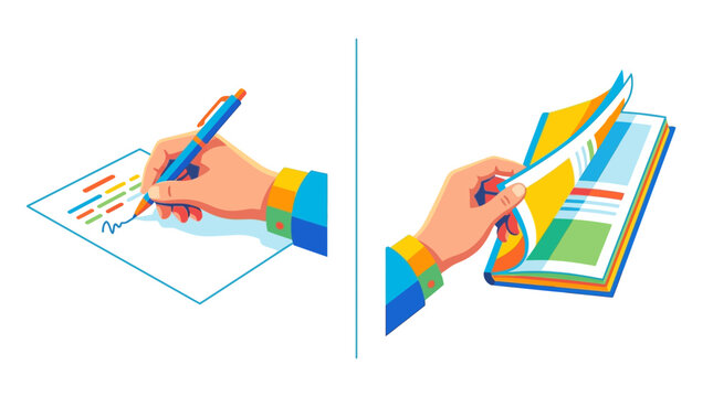 Vector illustration of hands writing on paper and flipping book pages