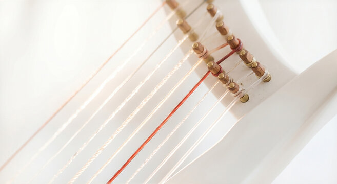 Close-up Harp Strings: An intimate view of the harp's intricate strings and tuning pegs, highlighting the delicate craftsmanship and potential for beautiful melodies.