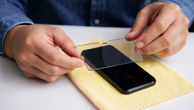 Applying screen protector to smartphone, close-up view