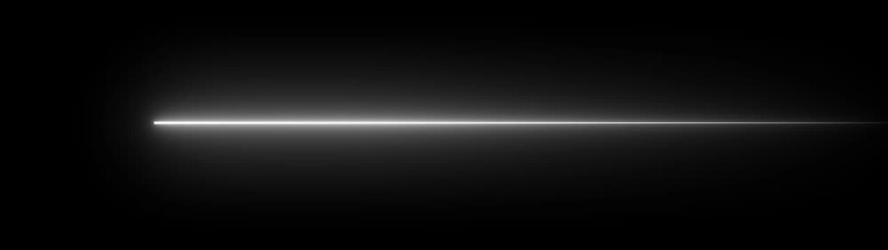 A single horizontal glowing white light beam isolated on a solid black background representing a laser line or a bright linear energy streak
