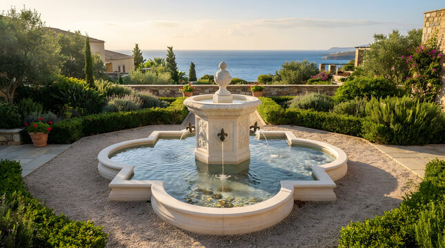Elegant white marble fountain overlooking Mediterranean coastline with lush formal gardens and panoramic sea views