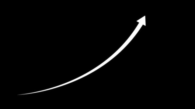 A simple white upward curving arrow isolated on a solid black background representing growth progress success or a positive financial trend