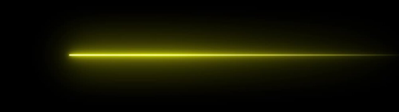 A single horizontal glowing yellow light beam isolated on a solid black background representing a laser line or a bright linear energy streak