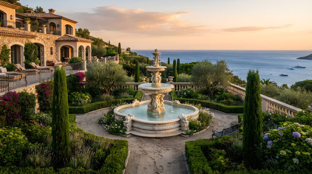 Elegant white marble fountain overlooking Mediterranean coastline with lush formal gardens and panoramic sea views