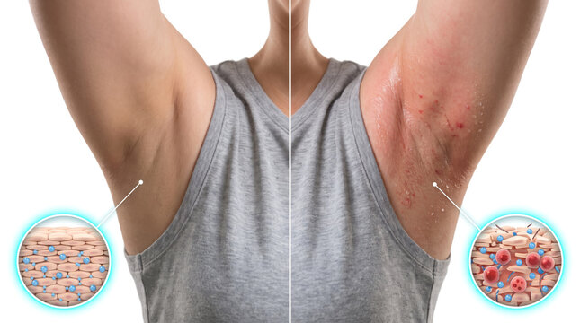 Underarm skin rash irritation and inflammation comparison, close up showing allergic reaction redness and dermatology condition in armpit area