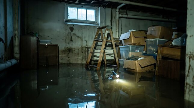 A dark flooded basement interior with a metal ladder and plastic storage bins sitting in murky water on the floor