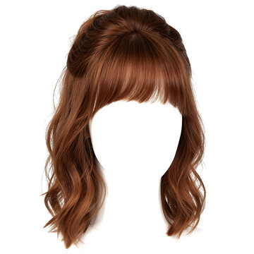 Auburn wavy hair wig with bangs, reddish brown medium length hairstyle, synthetic hairpiece for fashion and cosplay on white background