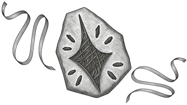 Ancient magic rune stone with glowing star symbol and flowing ribbons grayscale vector illustration