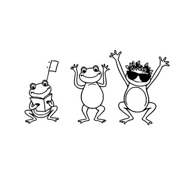 Four frogs set with black and white vector illustrations in square frames featuring playful poses, cheerfulness, whimsy with minimalism and line art