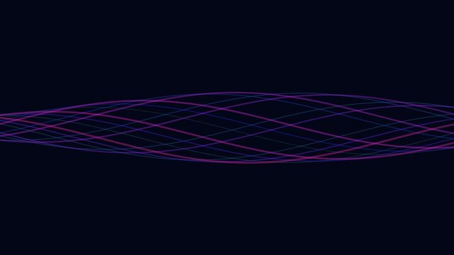 Abstract purple and blue flowing particle ribbons moving across a black background