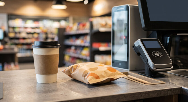 Contactless card reader beside takeaway coffee cup and wrapped snack on a wooden counter in a softly focused convenience store