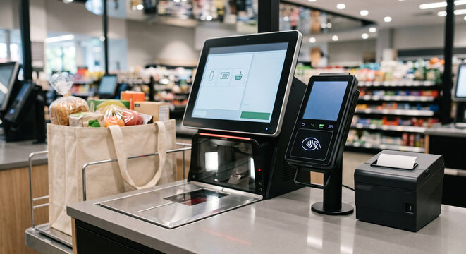Self checkout station with touchscreen, contactless reader, receipt printer and paper shopping bags on the metal counter