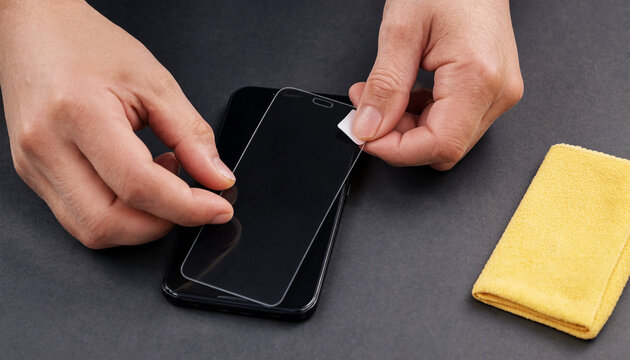 Black smartphone screen protector tab being peeled off by fingers