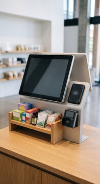 Vertical white retail kiosk with touchscreen, contactless reader and small packaged items displayed on a wooden counter inside a modern retail store
