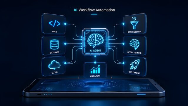 AI workflow automation diagram on a digital tablet showing artificial intelligence agent and data processes