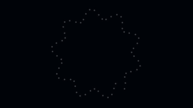Abstract white geometric particles forming rotating star shapes on a dark background