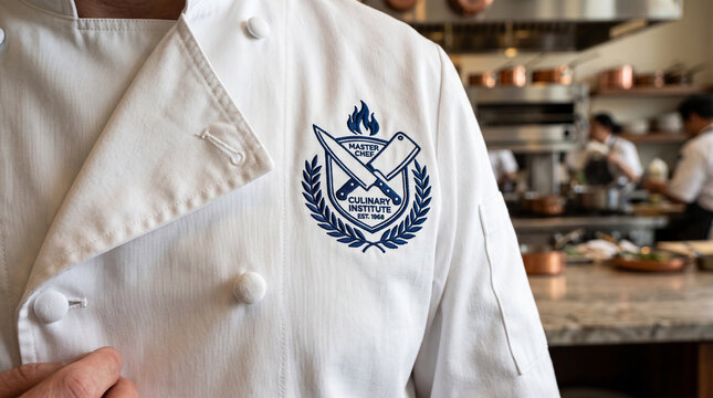 White chef coat mockup close up with embroidered blue culinary institute logo in professional kitchen