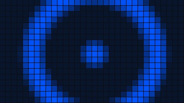 Blue digital pixel circles pulsating in a synchronized grid pattern on a dark background