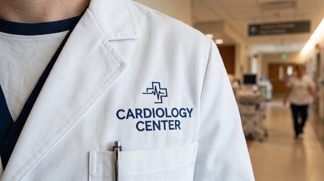White medical lab coat mockup close up with blue embroidered heartbeat cross logo