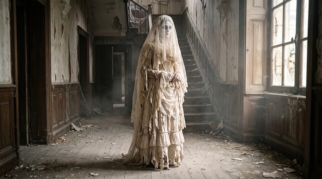 Ghostly Bride in Vintage Wedding Dress Inside Abandoned Haunted Mansion