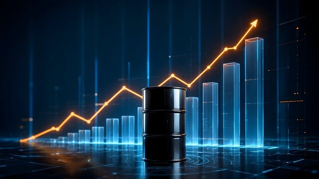 Global oil market growth concept with black barrel and glowing upward financial trend chart on digital background