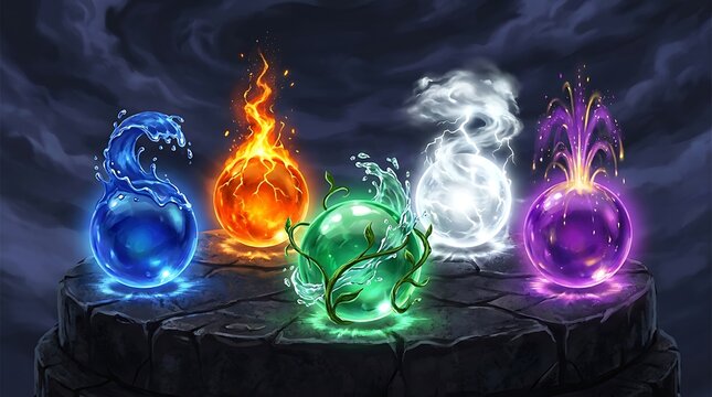 Five colorful magical elemental energy spheres representing fire water earth air and mystic spirit on a stone altar