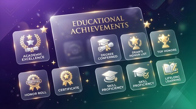 Glowing educational achievements badge set with medals, certificates, graduation caps, honor stars, trophies, diplomas, scholarships, leadership, excellence, and student success icons for academic rec