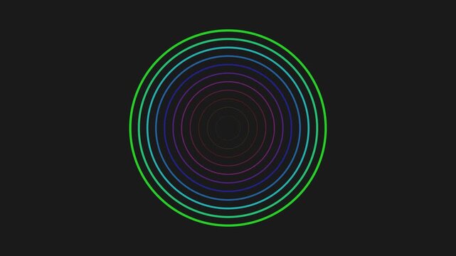 Colorful concentric circles contracting on a black background in a geometric pattern