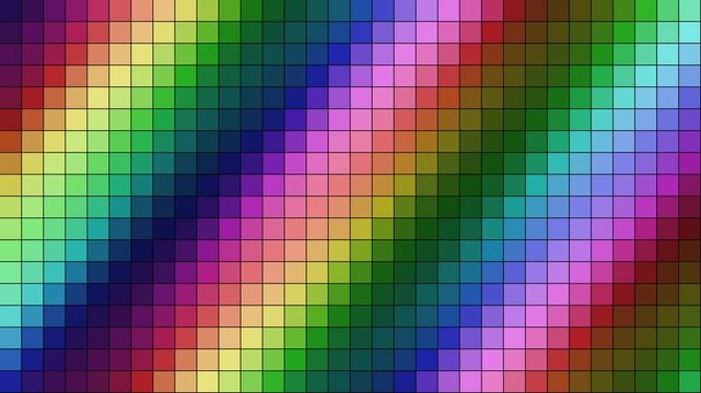 Colorful digital pixel grid with vibrant rainbow spectrum gradient in a mosaic pattern