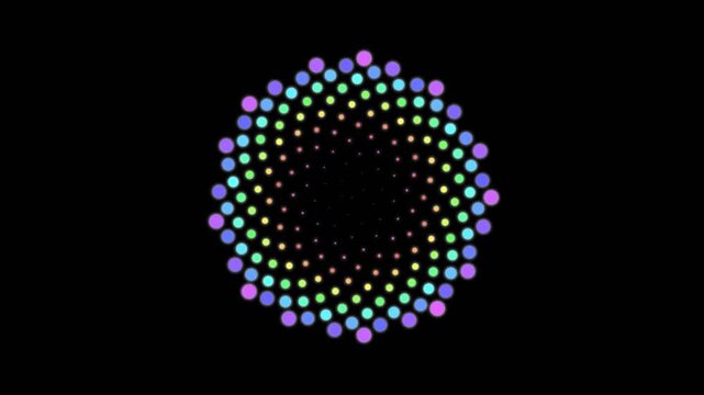 Colorful neon dots forming rotating Fibonacci spiral patterns against a dark background
