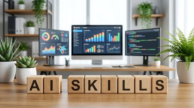 Wooden blocks spelling AI Skills on a desk with computer monitors showing data charts and business analytics software