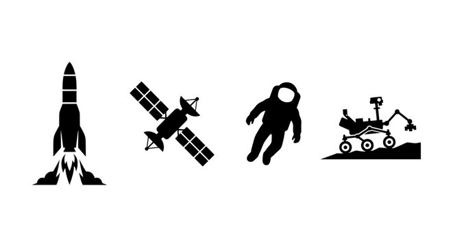 Space Exploration Icons: Rocket, Satellite, Astronaut, Rover. Vector Set for Science & Technology