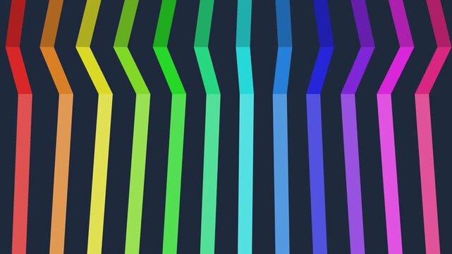 Colorful vertical zigzag lines shifting in a rhythmic pattern with a dark backdrop