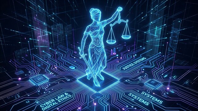 Digital lady justice statue with glowing neon lines on a futuristic computer circuit board background for cyber law