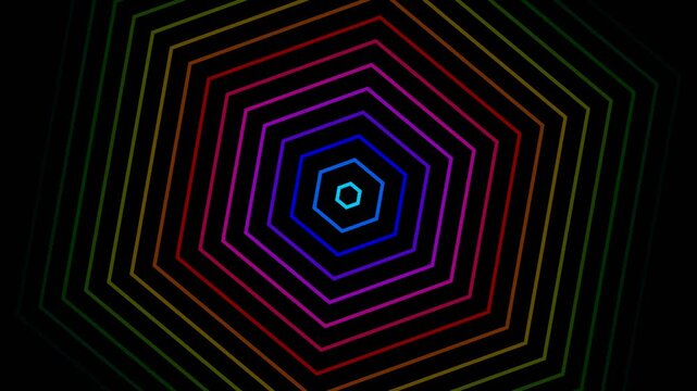 Expanding rainbow hexagons pulsing on a black background with neon geometric patterns
