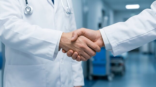 Two doctors in white coats shaking hands in a hospital hallway for a medical agreement or professional partnership