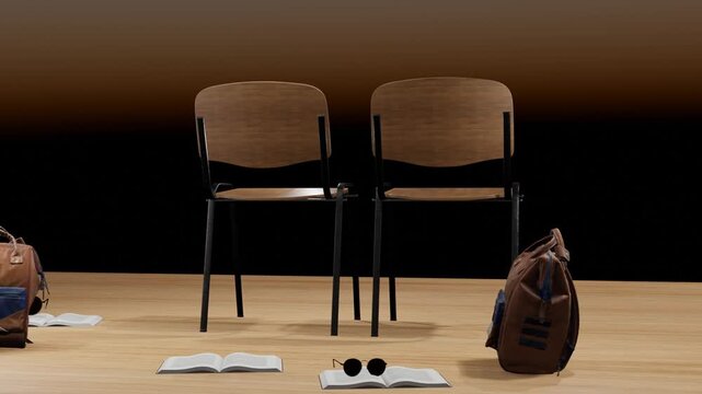 Animated back to school scene featuring a backpack, books, classroom chairs, wooden floor, and glasses. Suitable for education, school promotions, classroom presentations, learning content, and academ