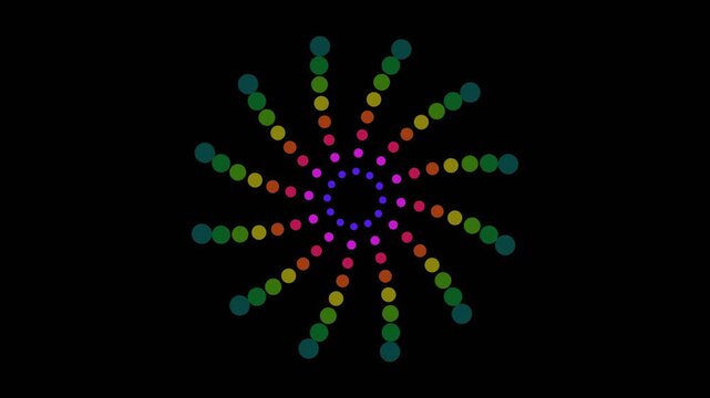 Expanding rainbow mandala circles rotating in a symmetrical pattern on a dark background