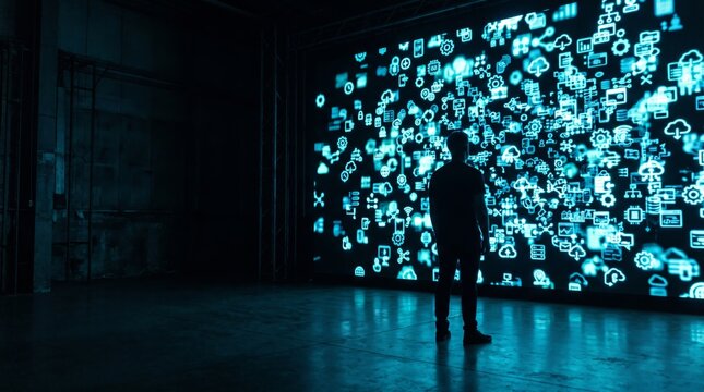 Silhouette of curious person standing before glowing digital interface screen filled with bright blue icons