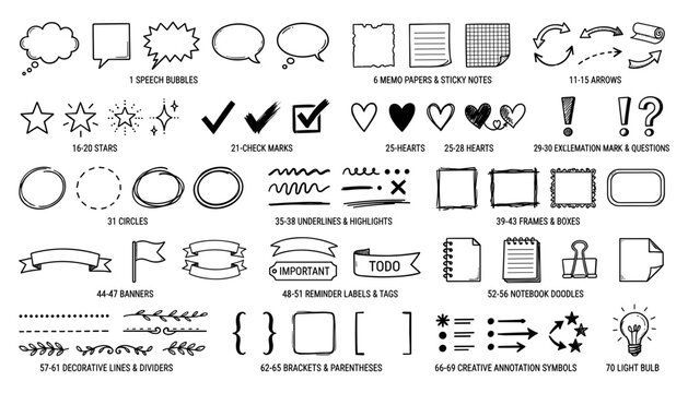Speech Bubbles, Memo Papers, Arrows, Stars, Check Marks, Hearts, Exclamation Marks, Circles, Underlines, Frames, Banners, Labels