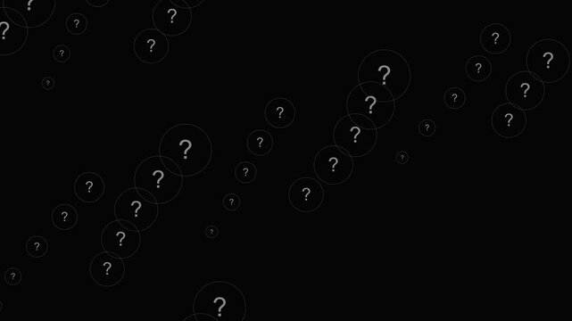 Floating question mark bubbles moving across a black background for mystery and curiosity