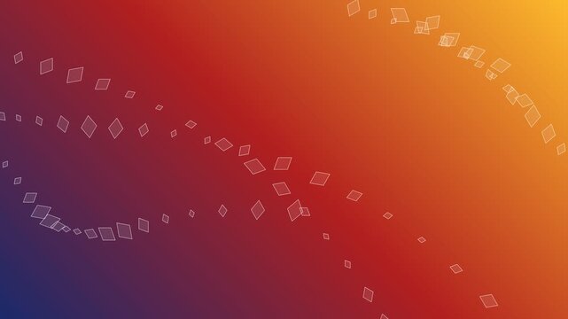 Floating white rhombus shapes moving across a vibrant orange and blue gradient background
